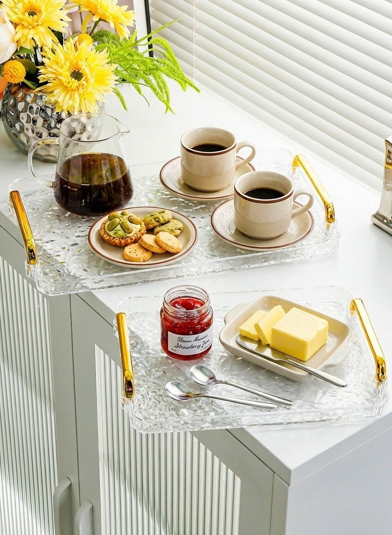 ياسمينةارا طقم صواني تقديم أكريليك مكون من قطعتين بمقابض ذهبية، بتصميم عصري مموج، صواني مستطيلة للمطبخ، غرفة الطعام، البار، تنظيم الحمام - مقاسان (كبير وصغير)، مانعة للانسكاب، شفافة وأنيقة لتزيين المنزل - Image 2